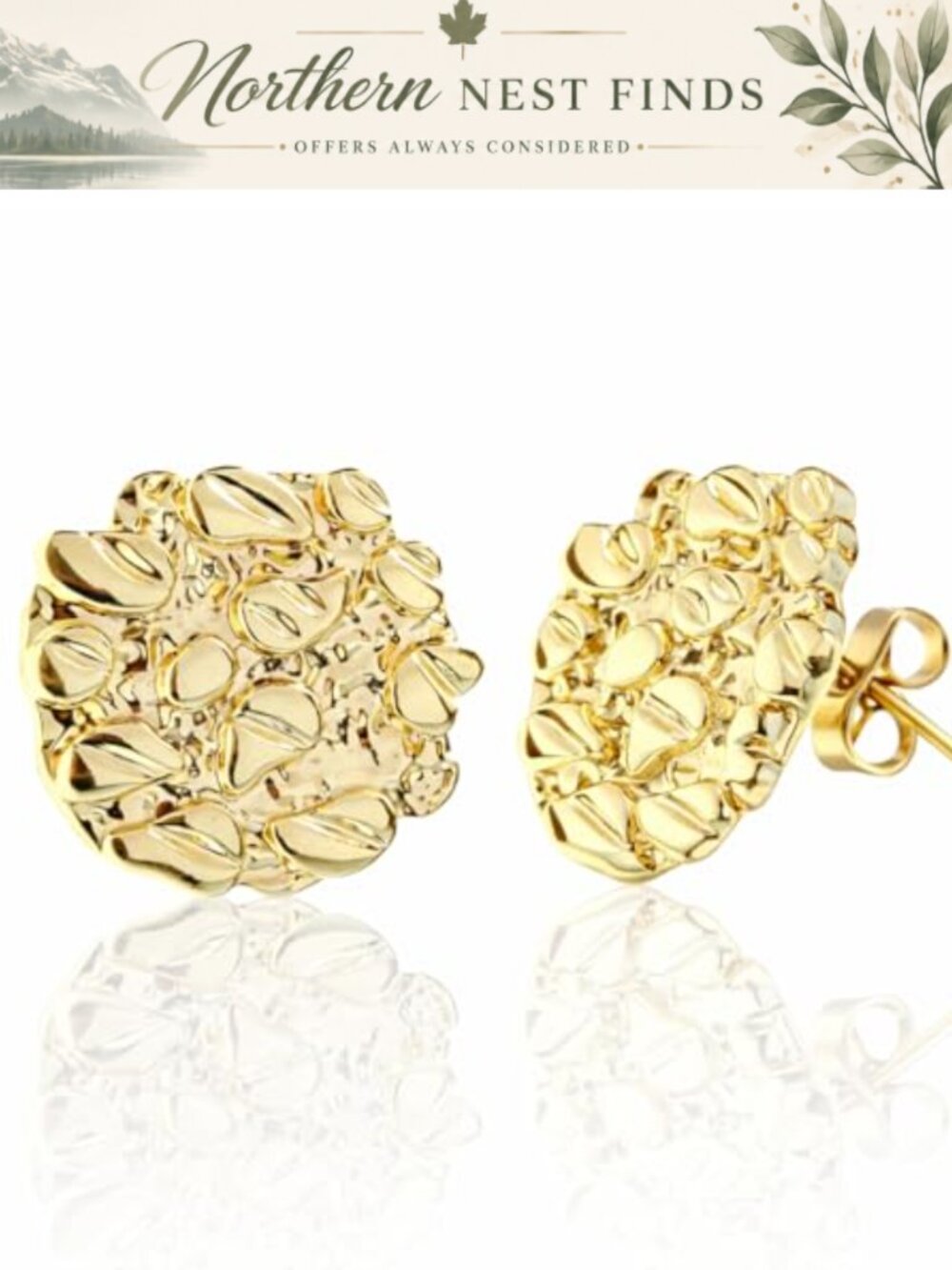 Gold Nugget Stud Earrings 18k Gold Plated 925 Sterling Silver Unisex